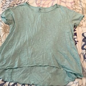 Lightly blue, semi cropped, t-shirt.